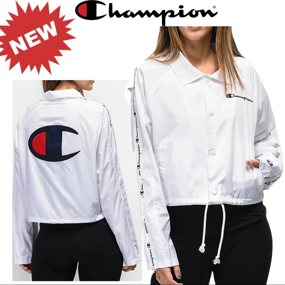 RARE 🆕 Champion Cropped Coaches White Logo Jacket w/ zip sleeves